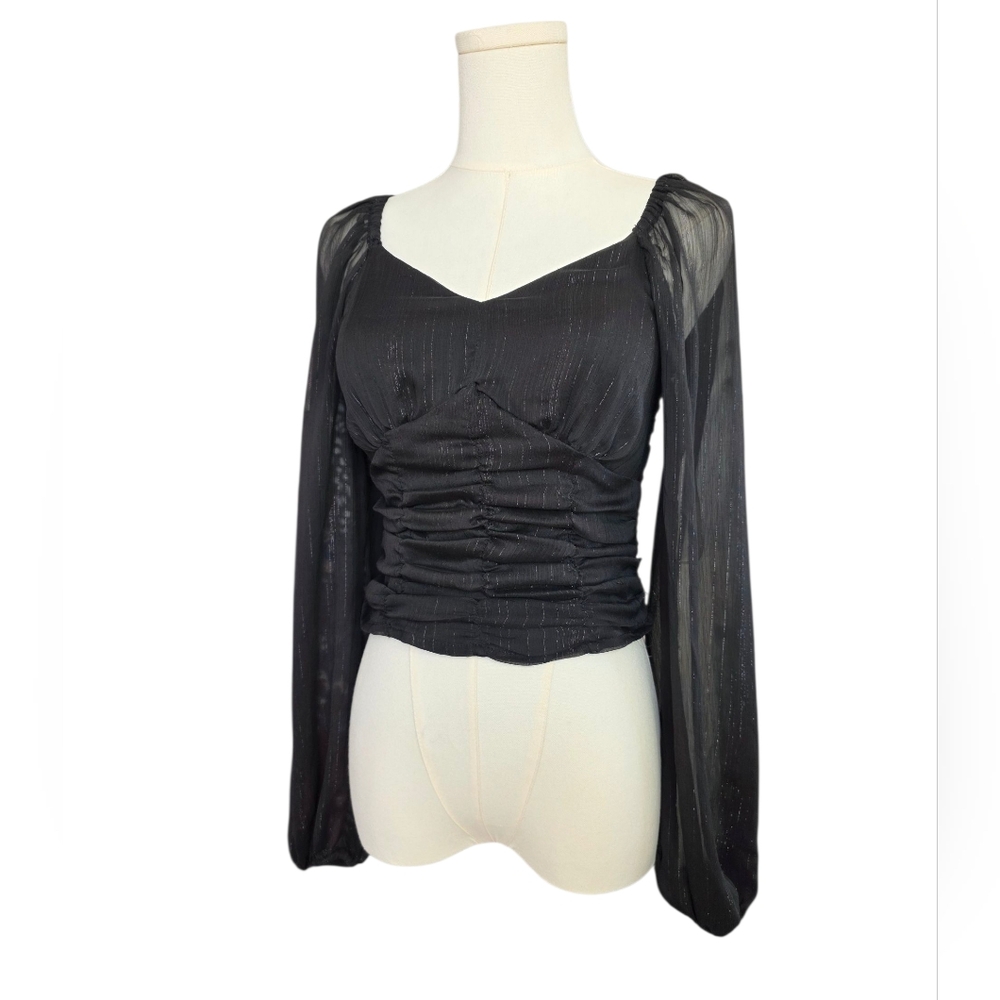 SO Black Lurex Chiffon Flowy Sleeve V-Neck Top